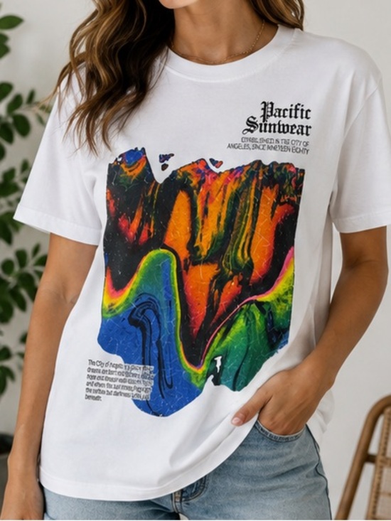 PacSun Tops - Pacific Sunwear PacSun LA Graphic Art T-Shirt White Colorful Print Women’s‎ L